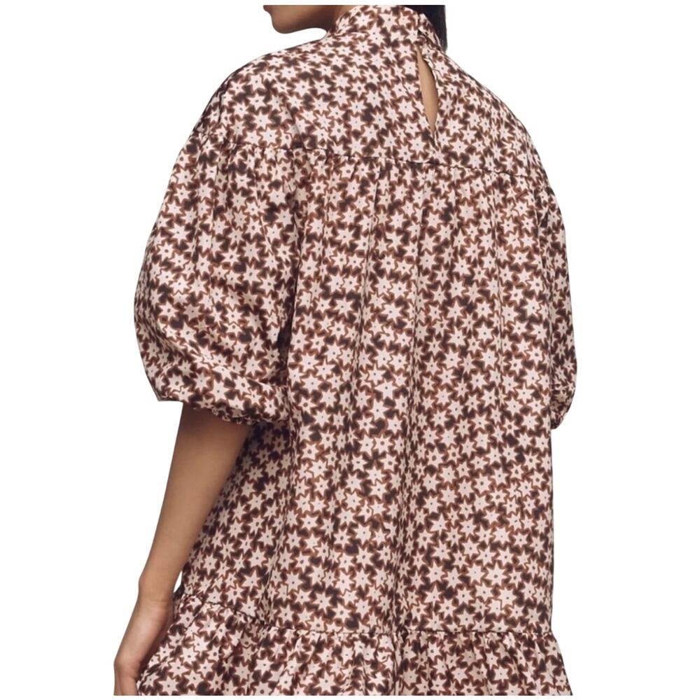 ANTHROPOLOGIE Women’s Brown Abstract Star Print Puff Sleeve Mini Dress - Picture 4 of 8